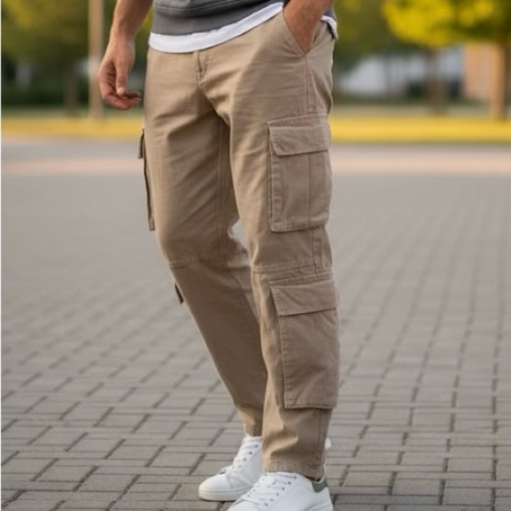 boohooMAN Utility Cargo Pants Tan Khaki Multi-Pocket Streetwear Y2K Gorpcore